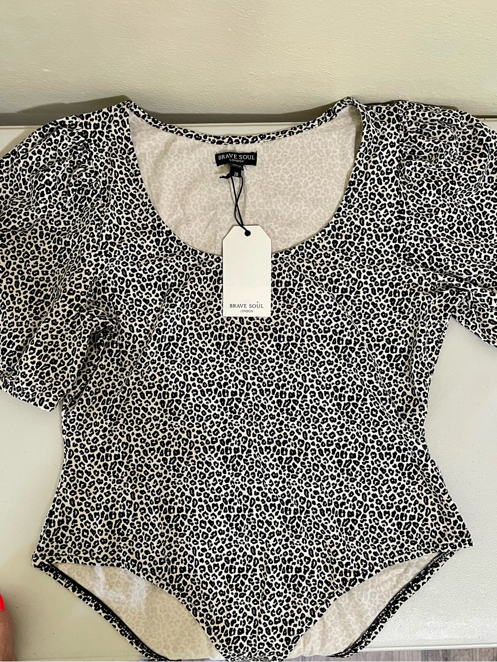 Brave Soul London leopard print bodysuit with gathered sleeves size L/20